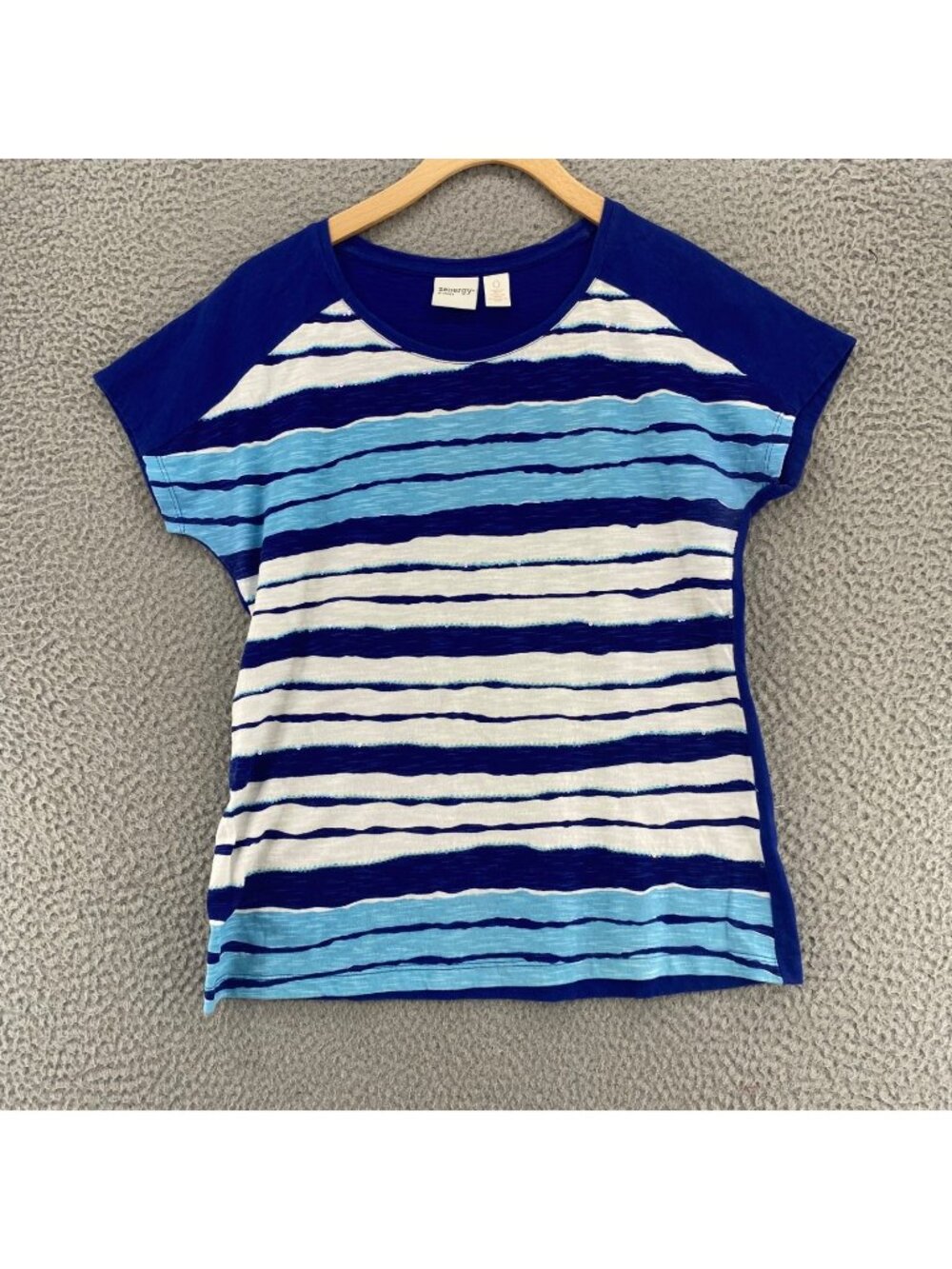 Chicos Top Womens 0 US Small Zenergy Blue Striped Cotton Sequin Dolman Sleeves